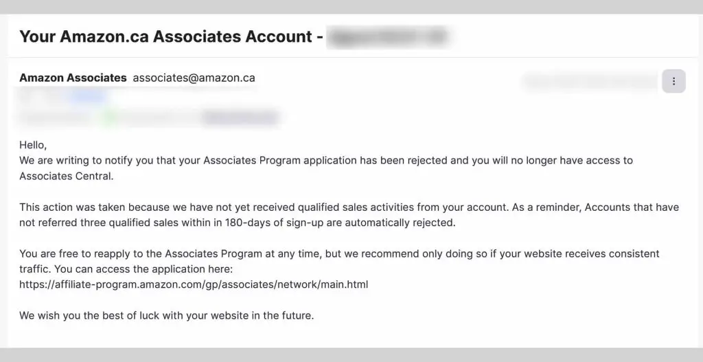 Amazon Affiliate account rejection email.