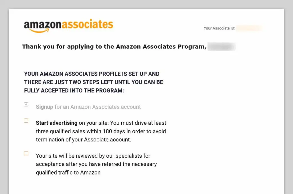 Amazon Associates requirements reminder message.