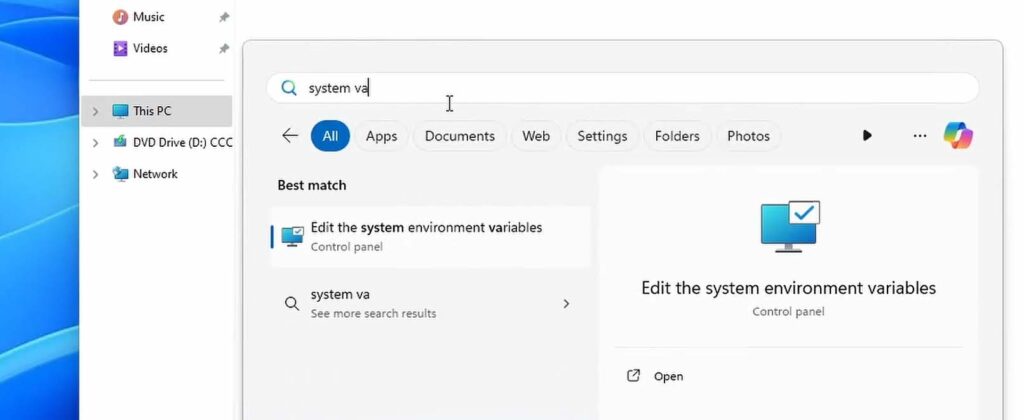 Entering the system environment variables editor to enter a new PATH value.