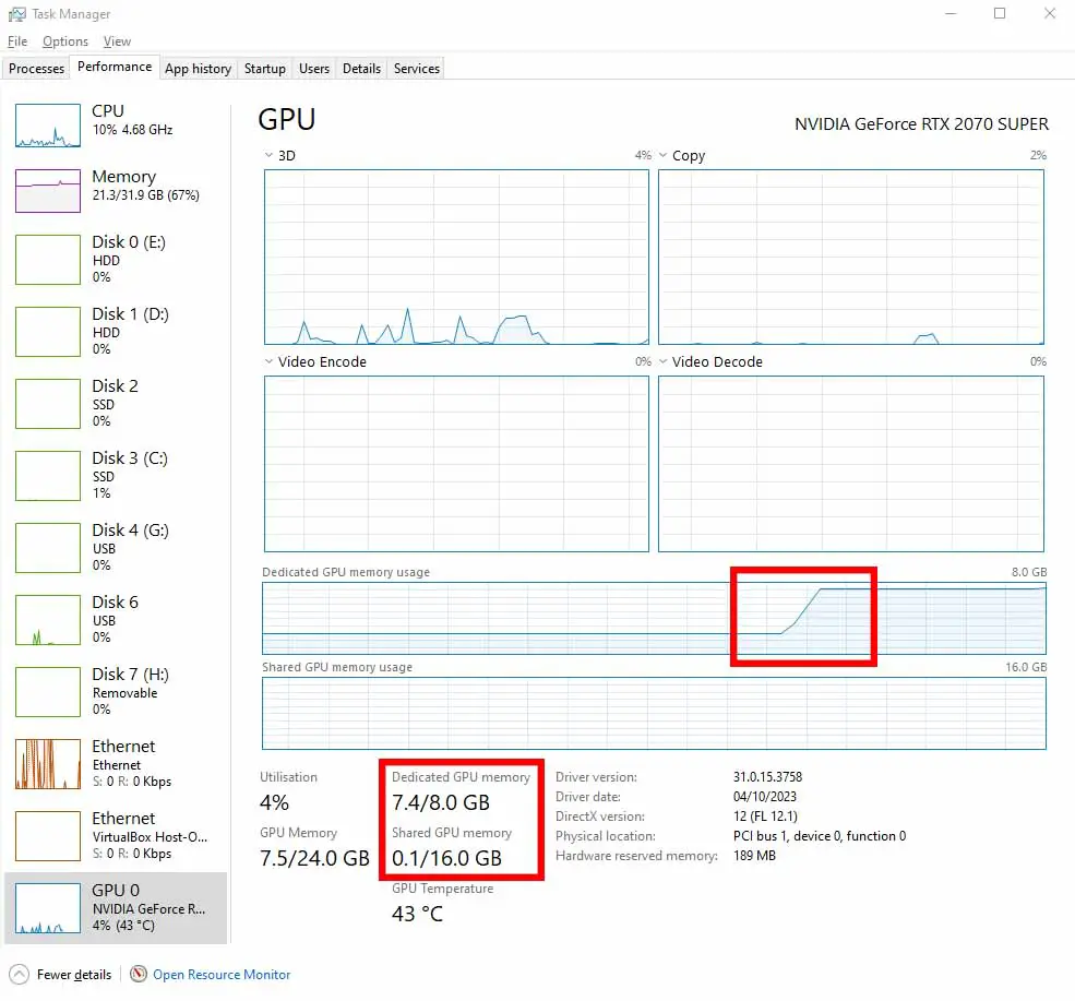 Monitoring the graphics card memory (VRAM) usage during the LoRA model training using Kohya GUI.