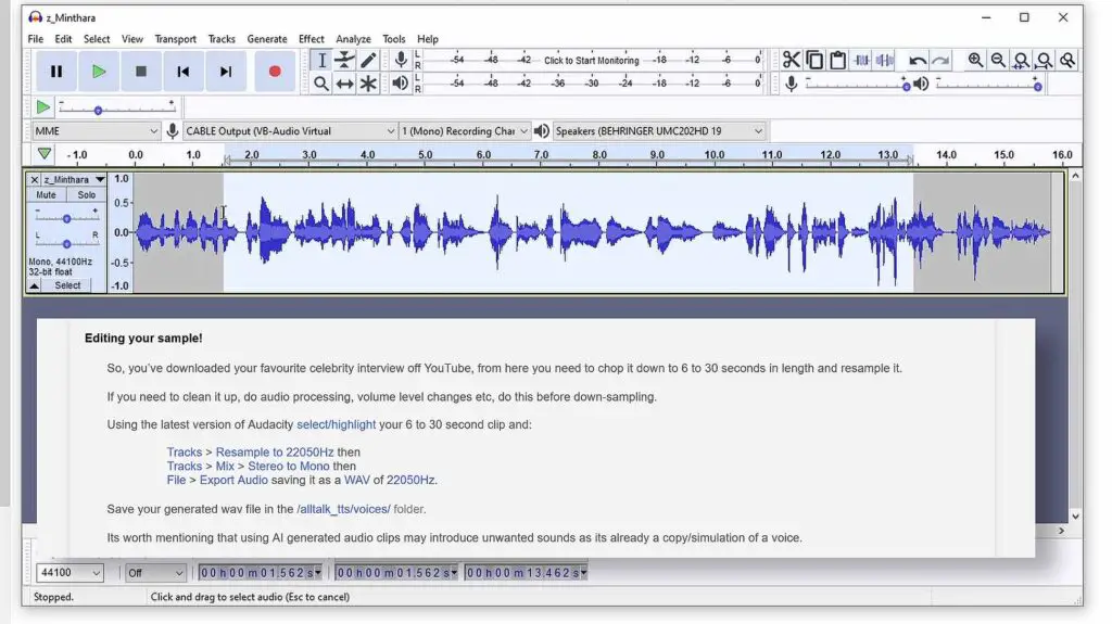 Using Audacity to edit the samples for voice cloning.