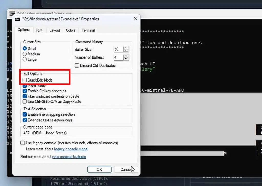 Disabling the Quick Edit mode in Windows CMD.