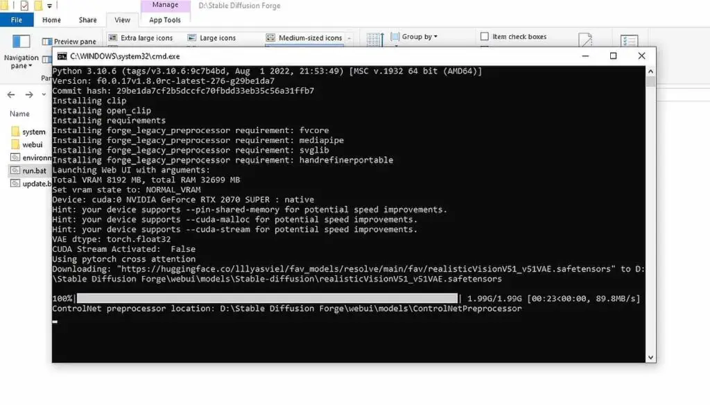 Stable Diffusion WebUI Forge installation process.