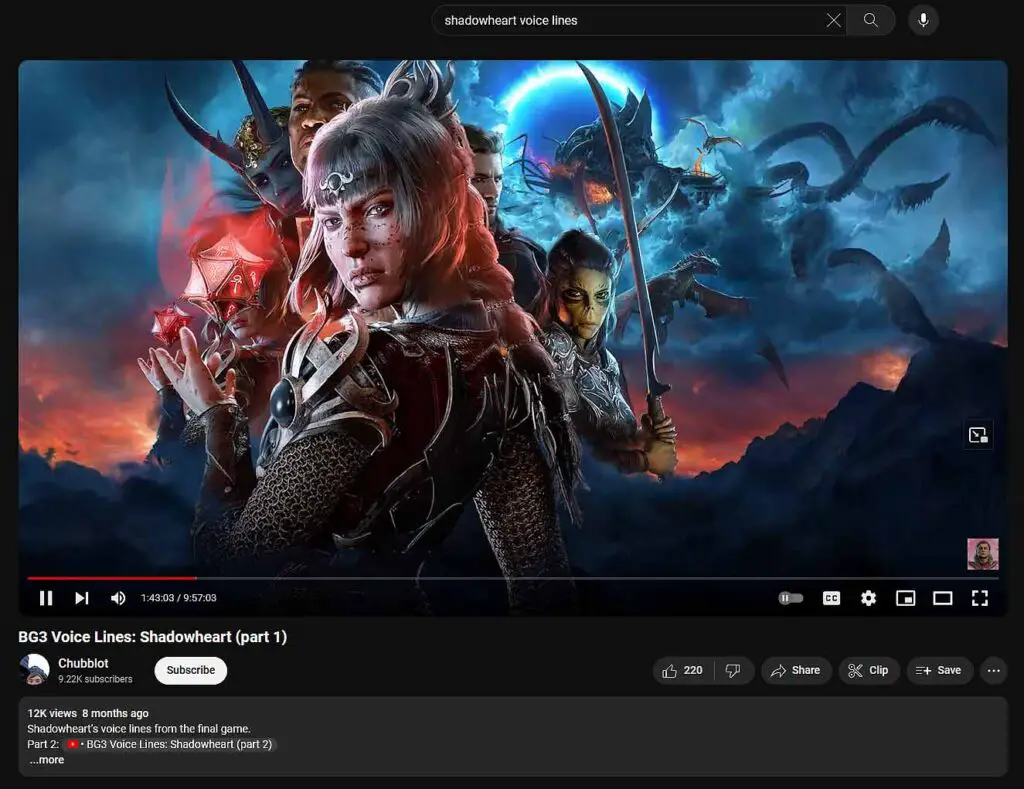 Baldur's Gate 3 Shadowheart voice lines video over on YouTube.