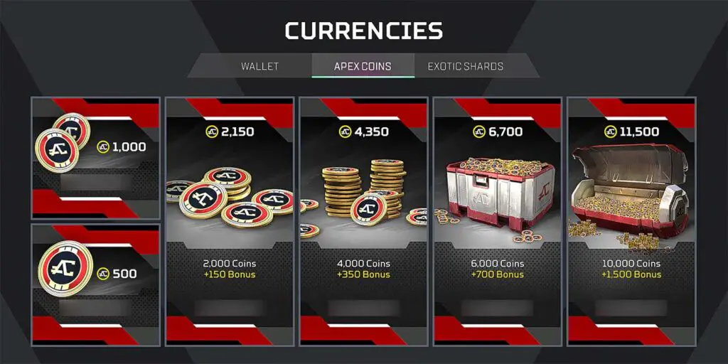 Apex Legends Coins currency pricing calculator tool, unit converter.