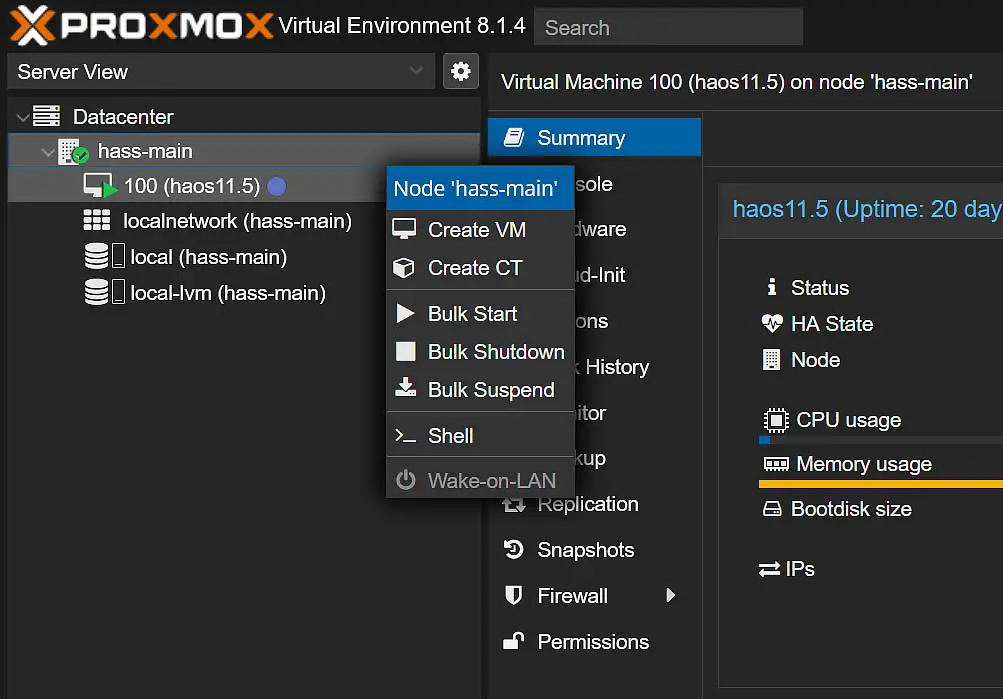 Proxmox node VM and CT creation menu.