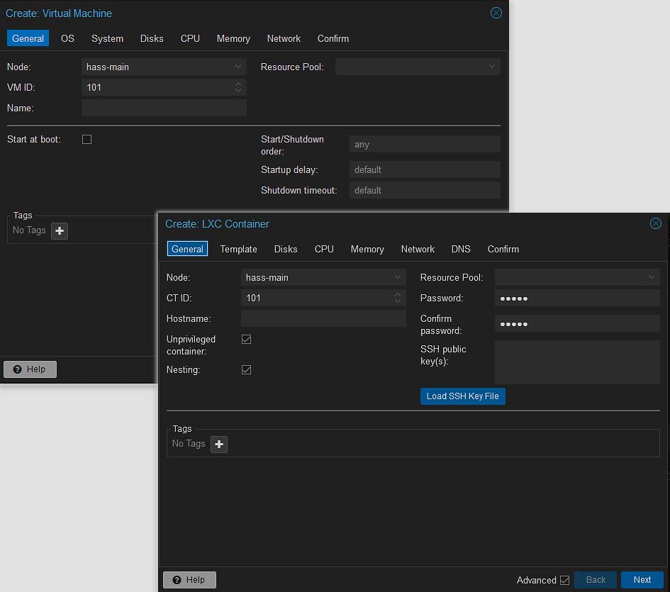 Virtual machine and container creator menus inside Proxmox.