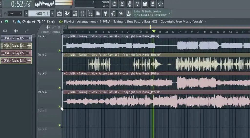 Exported song stems imported into FL Studio DAW software.