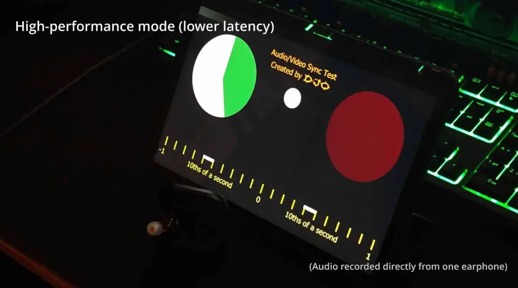 Audio latency test with the high-performance mode engaged.