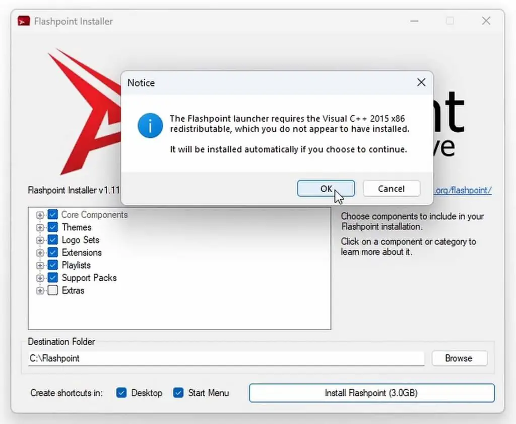 Flashpoint installer C++ redistributable step.