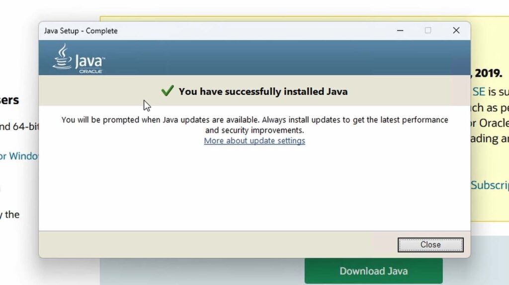 Completing the Java setup process.