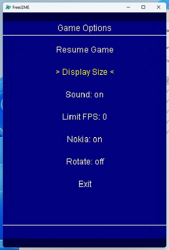 The limited emulation settings menu in FreeJ2ME.