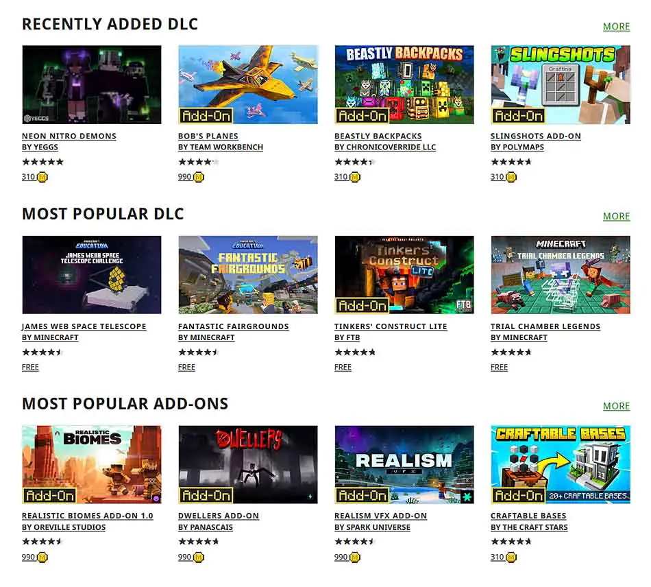 Minecraft Marketplace front page.