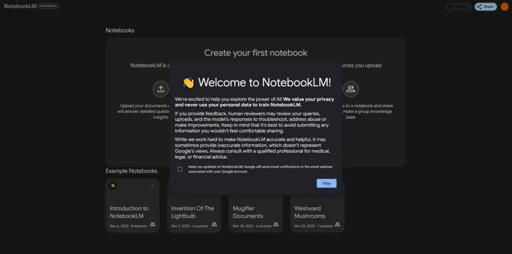 NotebookLM web app - main interface.