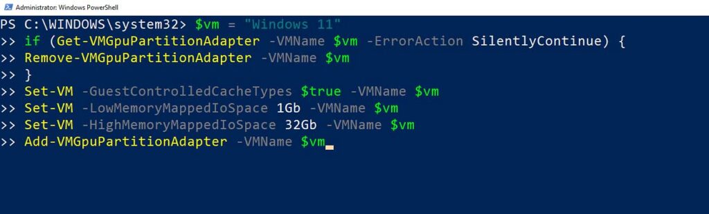 PowerShell script to assign a GPU to a chosen Hyper-V virtual machine.