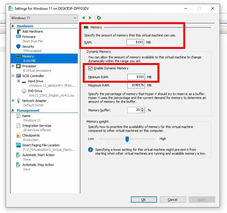 Using the same startup RAM and Minimum RAM values to mitigate the memory changes error in Hyper-V.