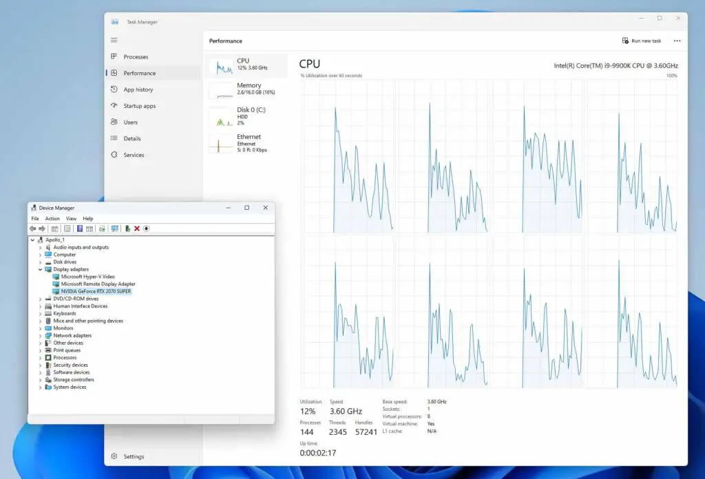 The hosts GPU displaying in the virtual machine device manager window.