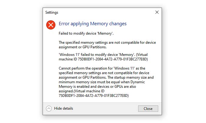 "Error applying Memory changes" error in Hyper-V.