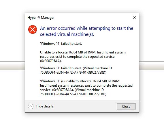 Virtual machine is unable to allocate 16384 MB of RAM - error fix.