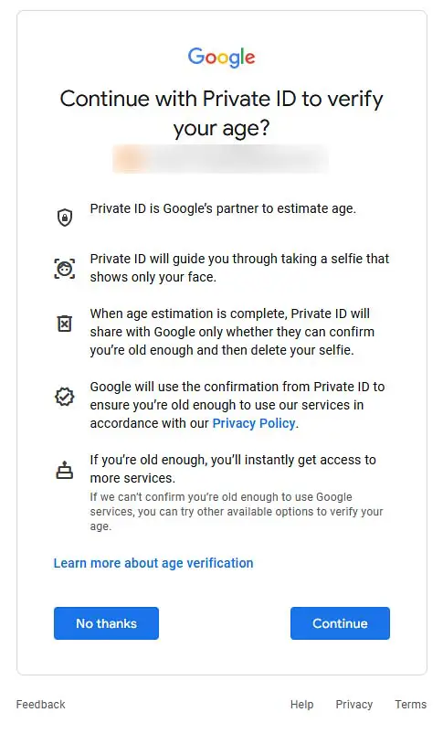 Initiating the Private ID Google selfie age verification process.