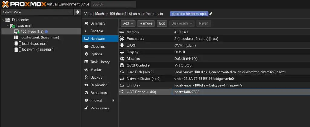 Configuring passthrough for your USB dongle in Proxmox.