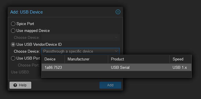 Selecting the coordinator dongle in Proxmox USB passthrough menu.