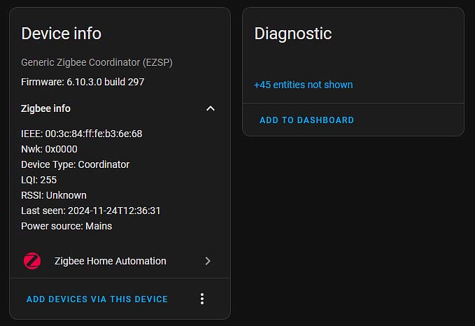 The ZB-GW04 dongle displaying in the ZHA interface.