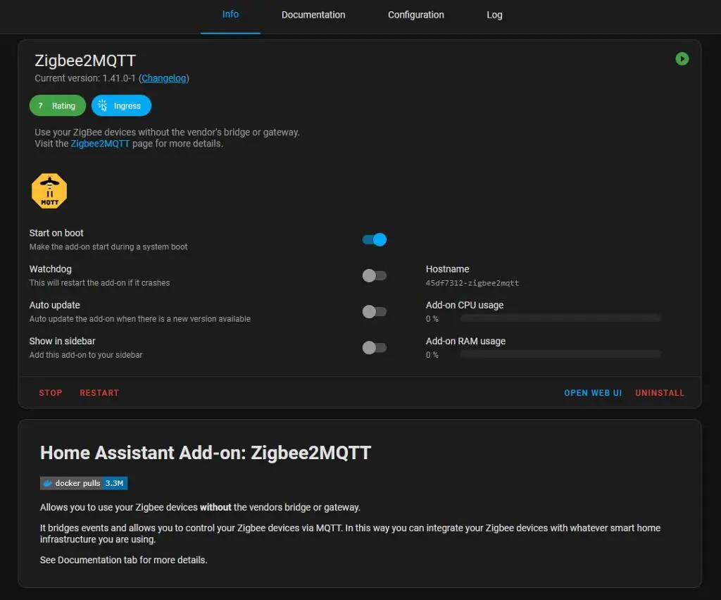 Zigbee2MQTT add-on interface after a successful configuration.