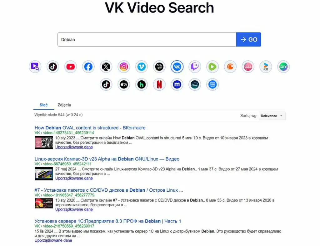 Using a third party video search engine to search for videos on VK.