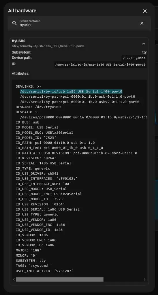 Reading the device ID needed for Zigbee2MQTT configuration.