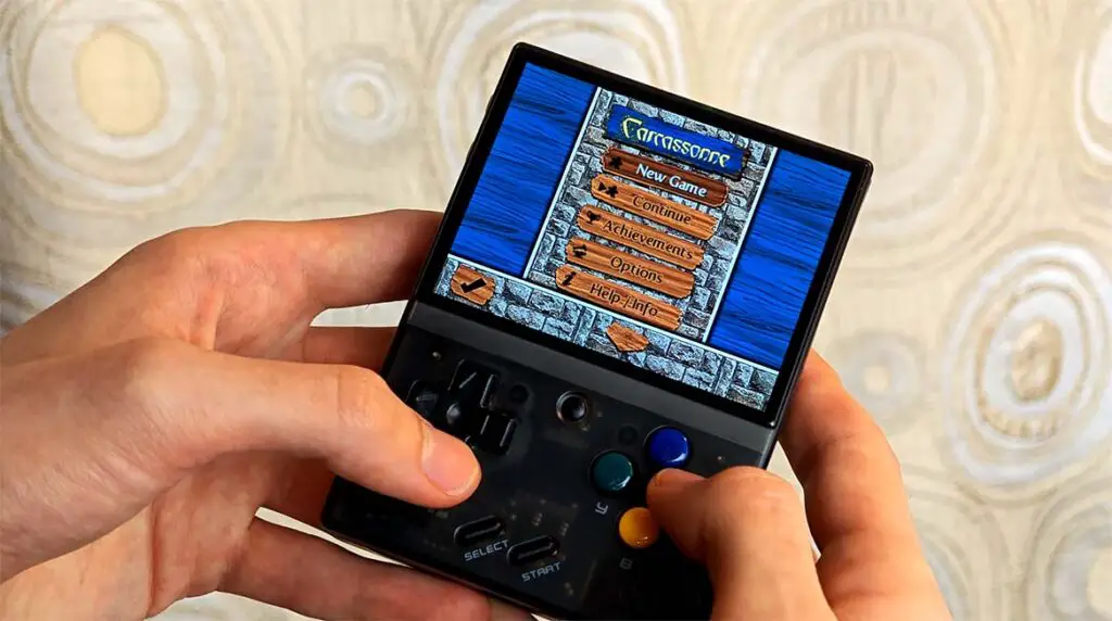 Carcassonne mobile Java game emulated on a Miyoo Mini Plus handheld.