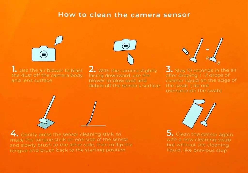 The instruction manual printed on the back of the K&F sensor cleaning kit box.