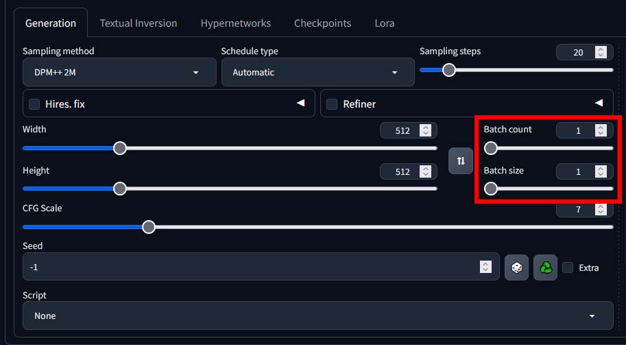 The batch count and batch size selection sliders.