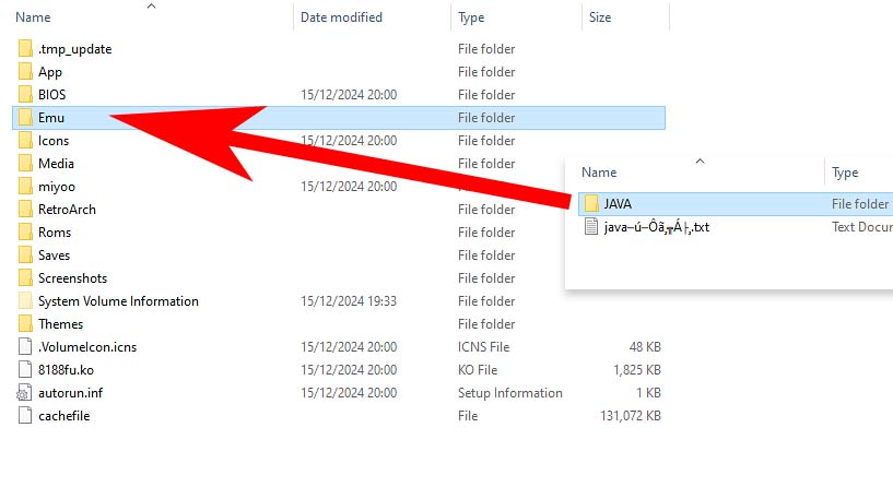 Moving the "JAVA" folder into the "Emu" directory.