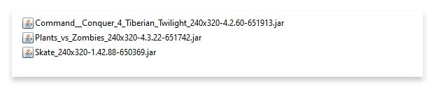 .jar files containing mobile Java games with their designated screen resolutions in the filenames.