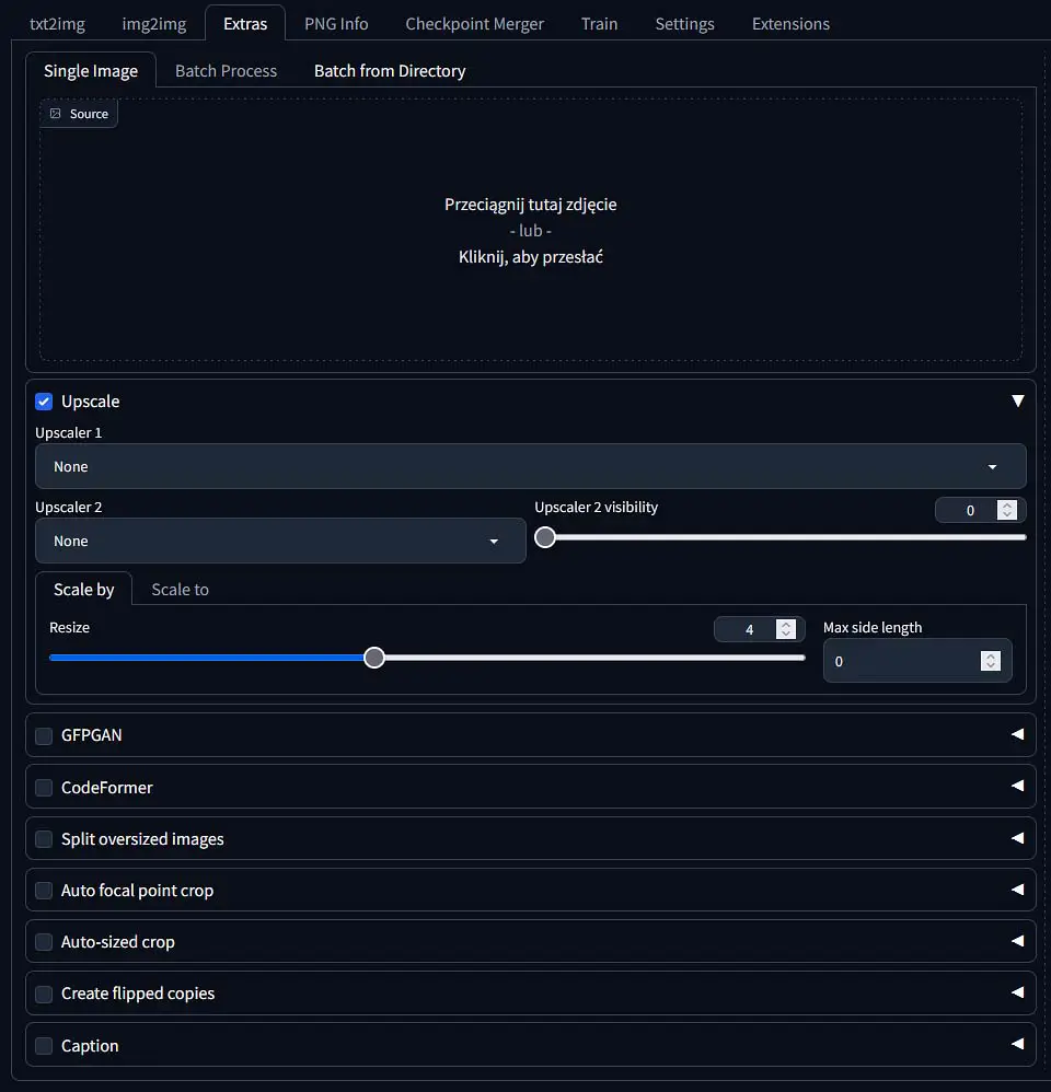 The extras tab and the image upscaling module.
