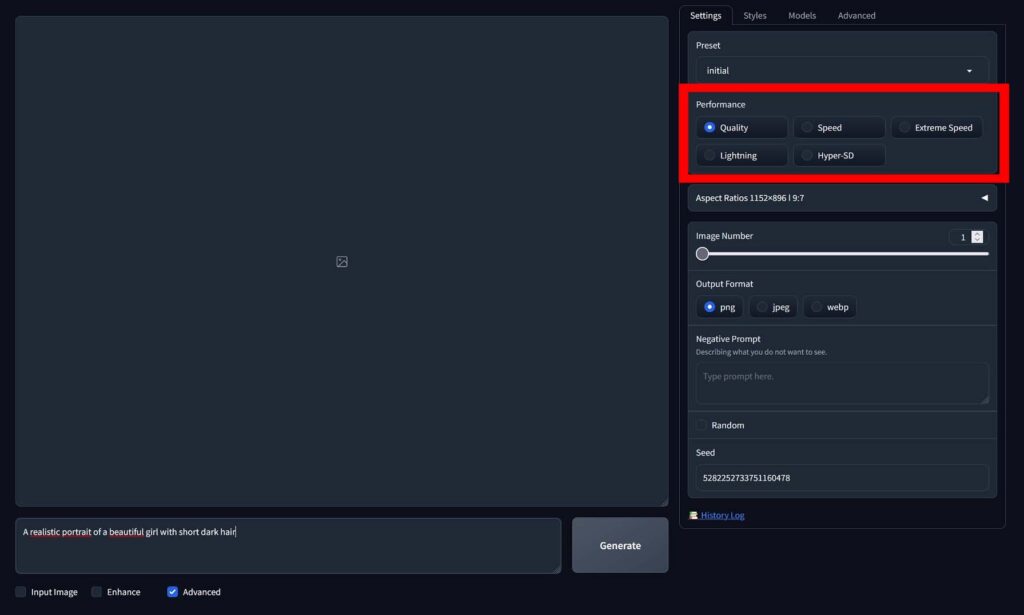 Performance presets in the Fooocus WebUI.