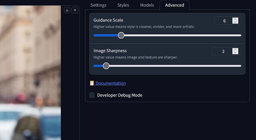 "Guidance Scale", and "Image Sharpness" settings available in the "Advanced" tab.