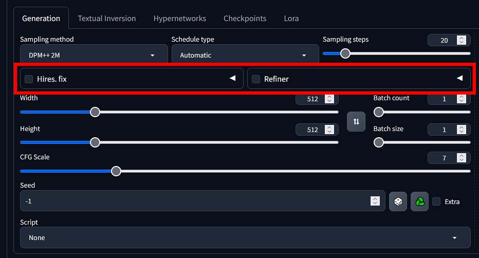 Hires. fix and Refiner checkboxes in Automatic1111.