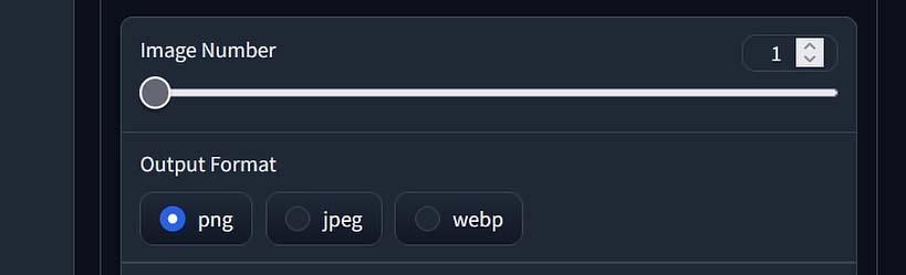 Image number slider and the output format selector in Fooocus WebUI.