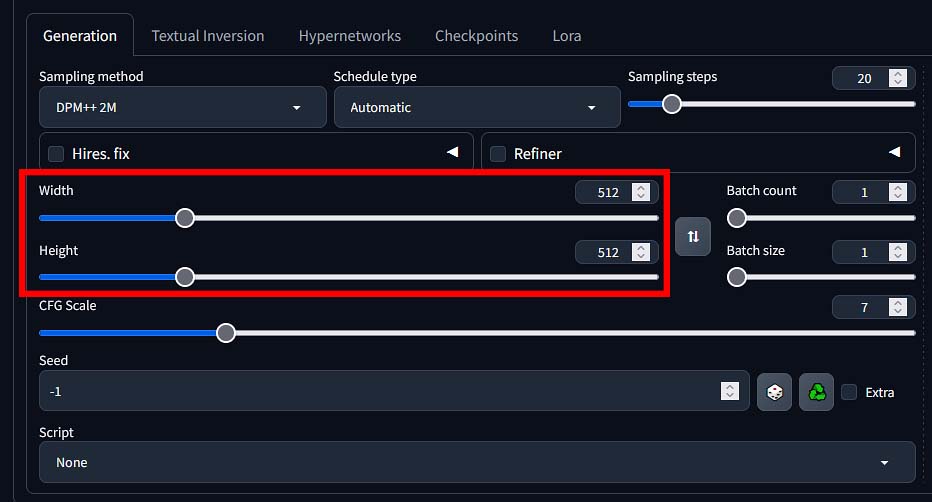 Image width and height setting sliders.