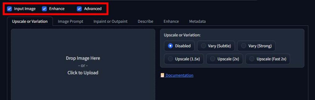 "Input Image" & "Enhance" modules in the Fooocus WebUI.