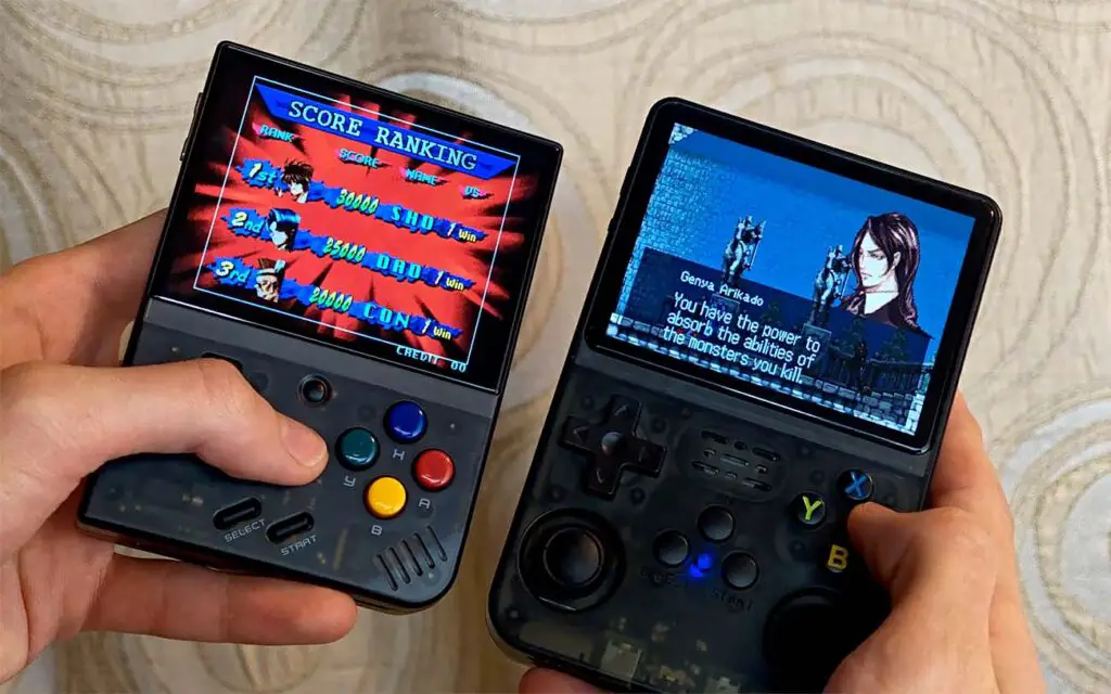 Miyoo Mini Plus and the R36S handheld side by side view.