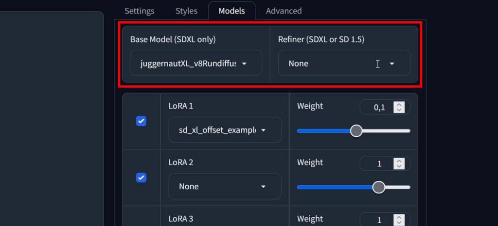 Base SDXL model & Refiner drop-down menus in Fooocus WebUI.