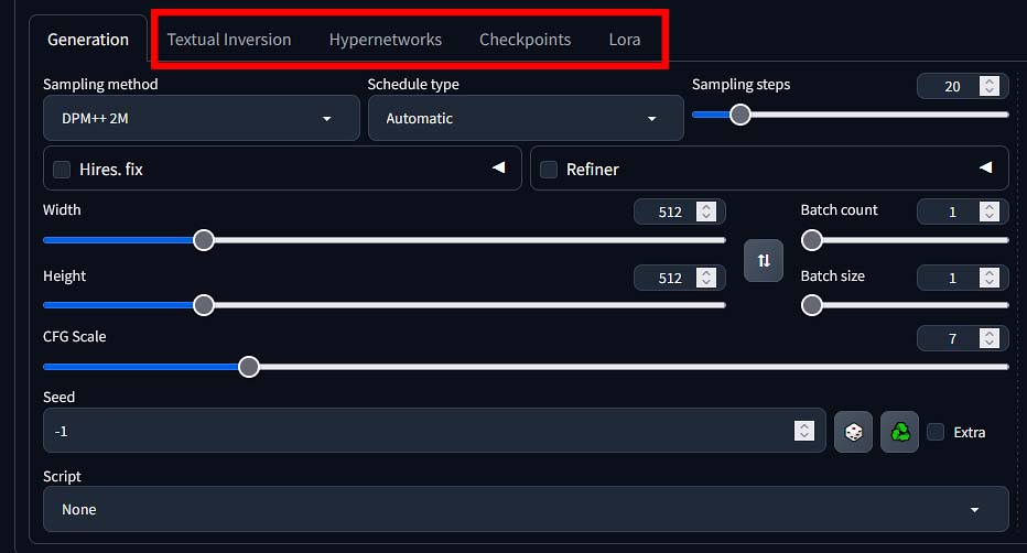 Textual inversion, hypernetworks, checkpoints and Lora model selection menus in Automatic1111.
