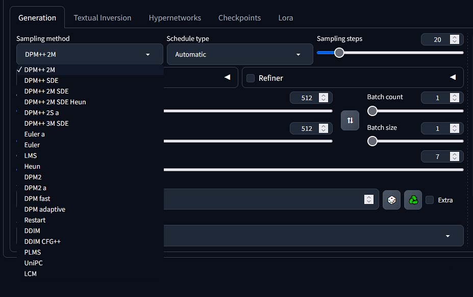 A list of different sampling methods available in the Automatic1111 WebUI.