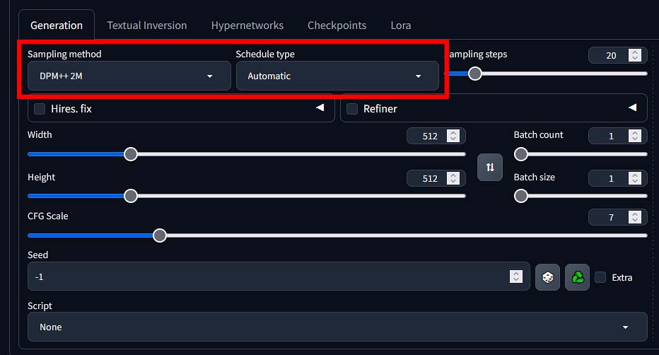 The sampling method and scheduler type selection menu.