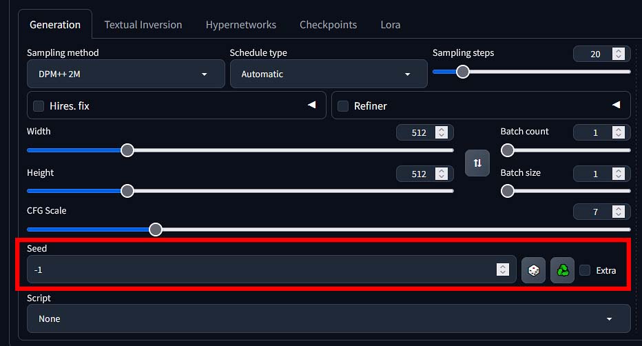 The seed setting set to "-1" / randmized seed value.
