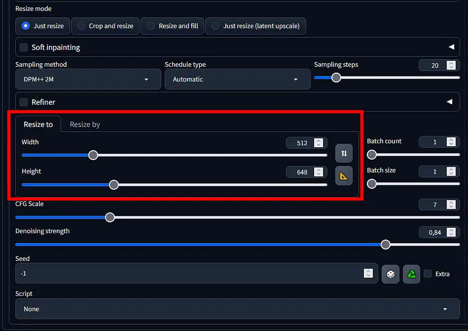 The image width and height setting sliders within the img2img module.