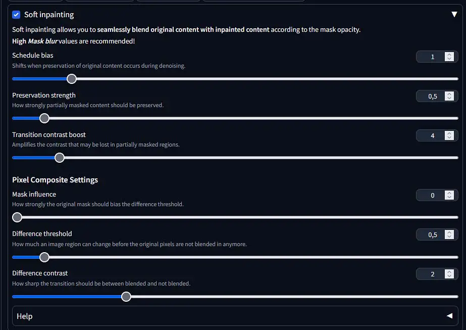 The soft inpainting feature settings menu.
